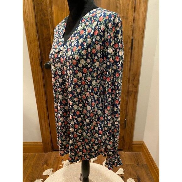 Womans Blouse Plus Size XL Top Navy Floral V Neck Pullover Stretchy Long Sleeve - Picture 4 of 12